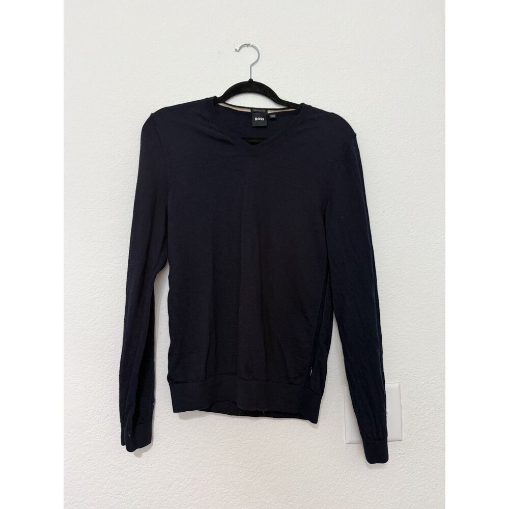 Hugo Boss navy 100% wool v-neck sweater